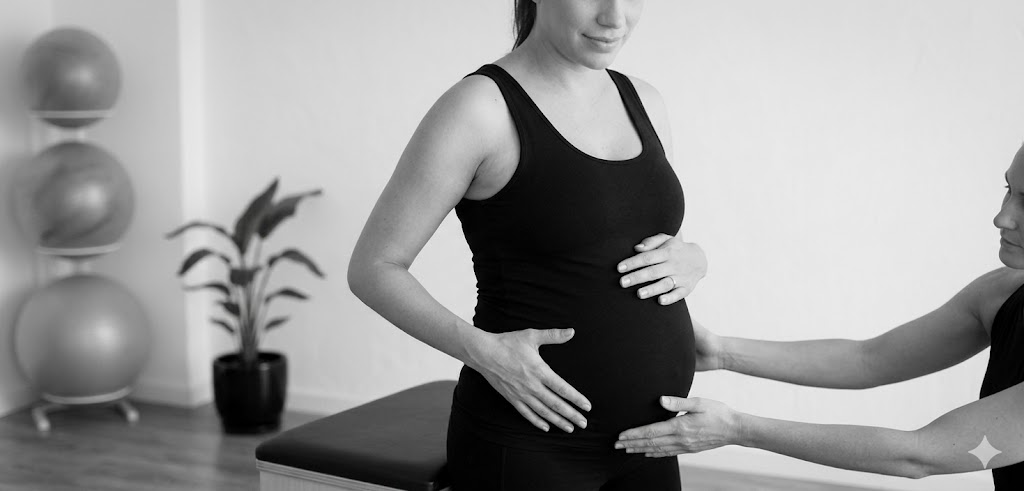Gestante praticando Pilates com acompanhamento
