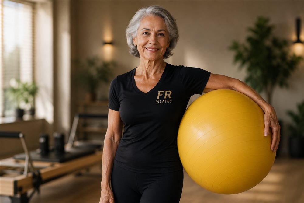 Aluna com bola de Pilates no FR Pilates